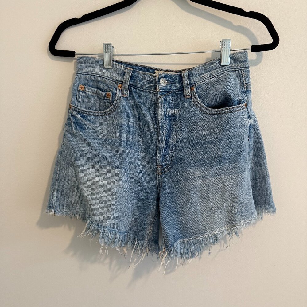 We The Free High Waisted Distressed Frayed Denim Jean Short Blue Women's Size 25
